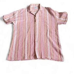 Zara Textured Stripe Button Up Shirt Mens L Pink Short Sleeve Summer